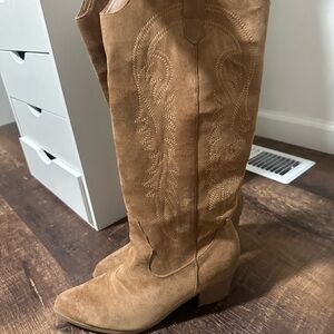 Tan Suede Knee-High Cowgirl Boots
